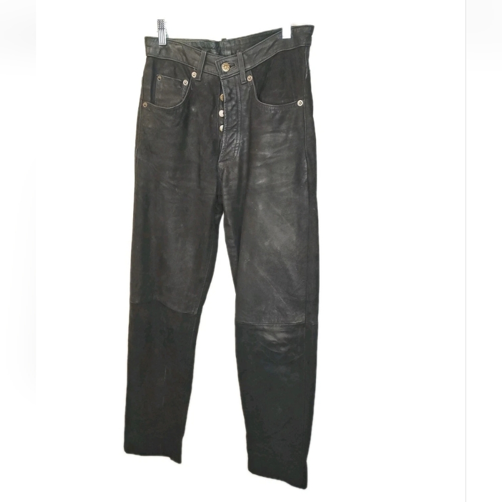 2BU California Leather Pants Men 28 X 32 Black Suede Button Fly Biker Punk Goth